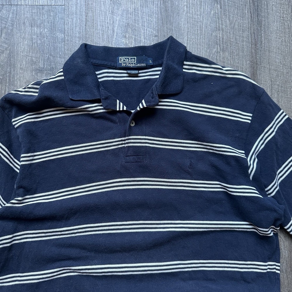 Vintage 90's Polo Ralph Lauren Striped Polo Shirt Navy Blue White Men's Size L